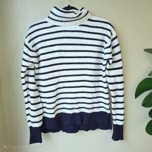 J Crew Turtleneck Sweater Size S Navy White Chunky Knit Striped Coastal Nautical